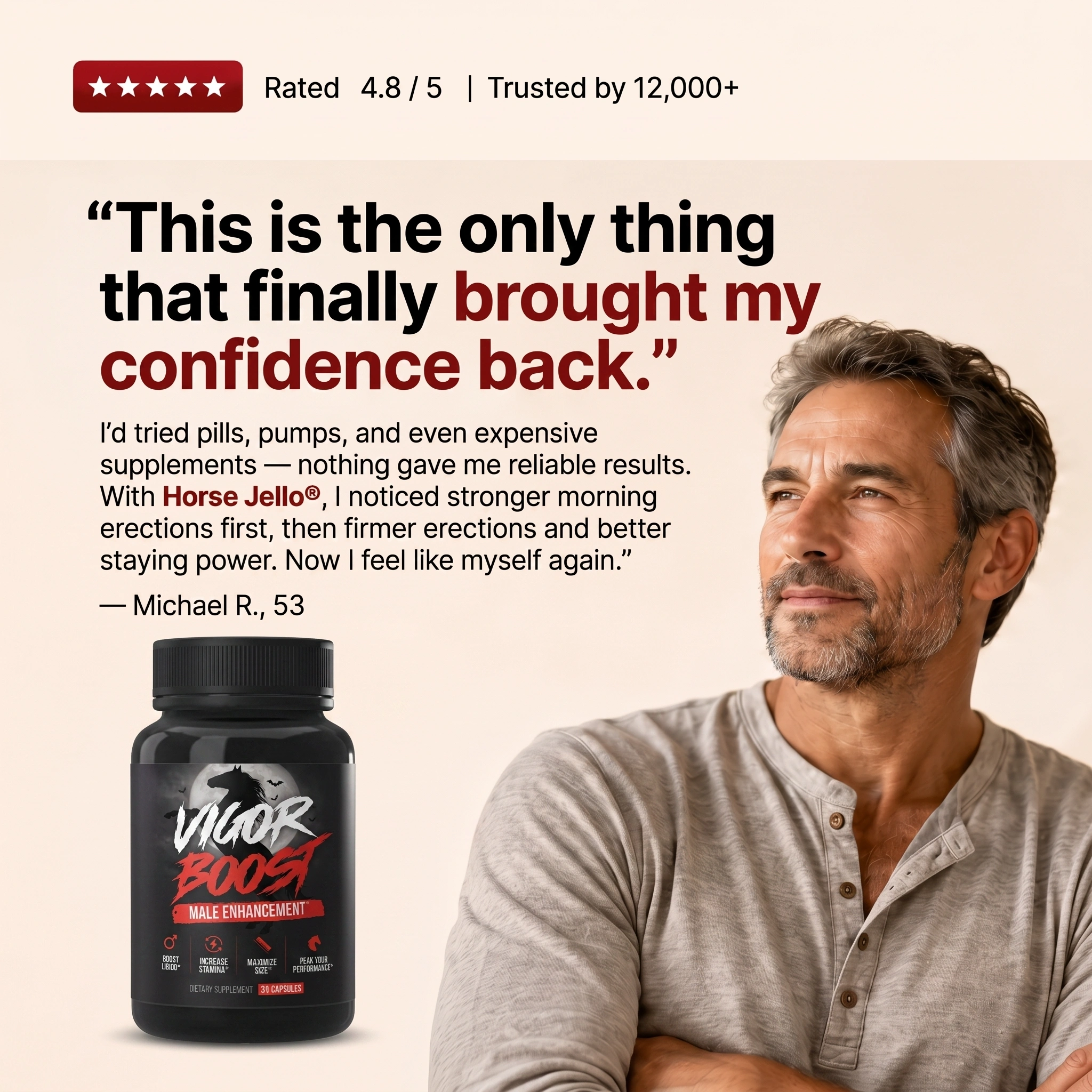 Rated 4.8 out of 5, trusted by 12,000+. &ldquo;This is the only thing that
                  finally brought my confidence back.&rdquo; I&rsquo;d tried pills, pumps, and even
                  expensive supplements &mdash; nothing gave me reliable results. With Horse
                  Jello, I noticed stronger morning erections first, then firmer erections and
                  better staying power. Now I feel like myself again. &mdash; Michael R., 53.